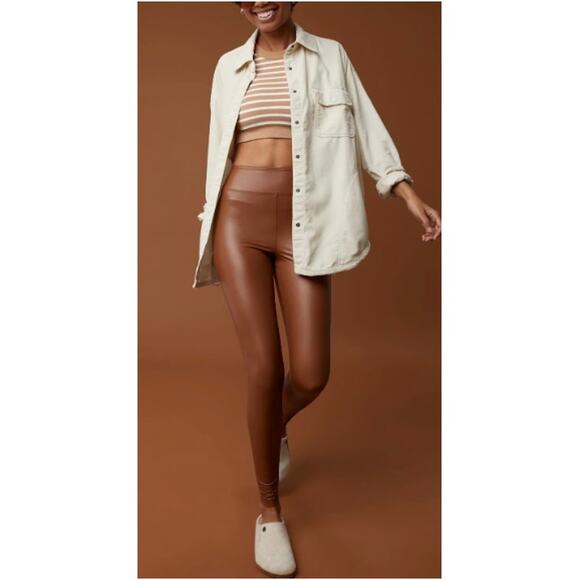 NWT AERIE OFFLINE Women's Brown Real Luxe Leather Leggings Size S - Picture 1 of 7